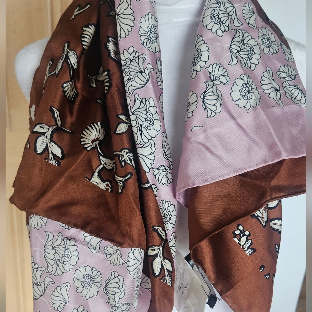 New W Tags MAX MARA 100% Silk Scarf 34" Square Flower Print Brown Pink White